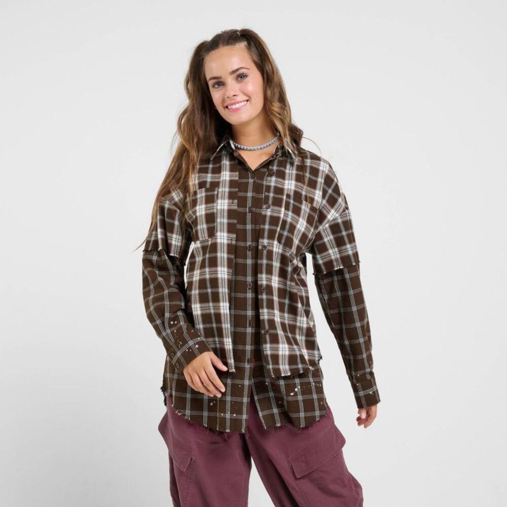 Women's Two-Fer Flannal Button-Down Shirt - Brown Plaid S